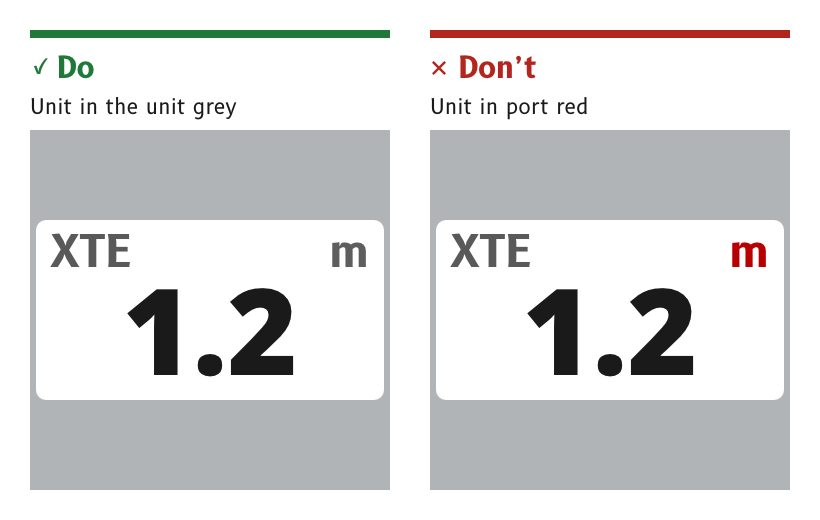 Do: the cross-track unit in the unit grey. Don't: the same unit in port red.