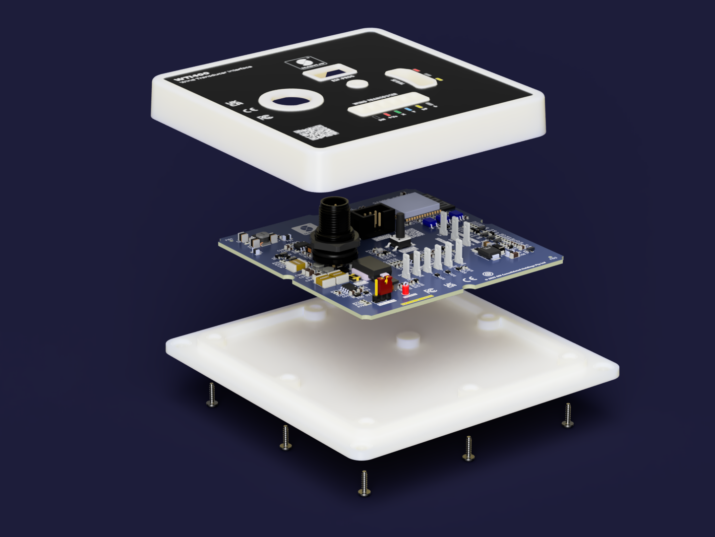 WTI400 exploded assembly — faceplate, housing shell, PCB, and rear