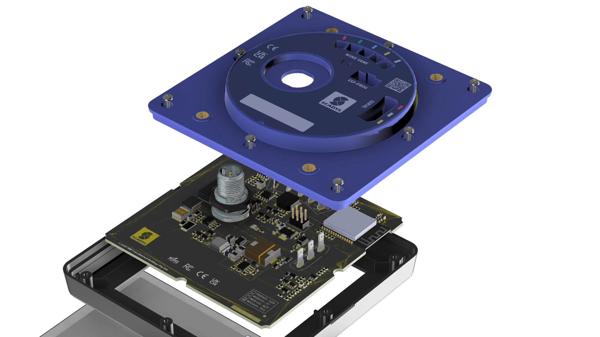MDD400 exploded assembly — front bezel, display, PCB, and rear housing