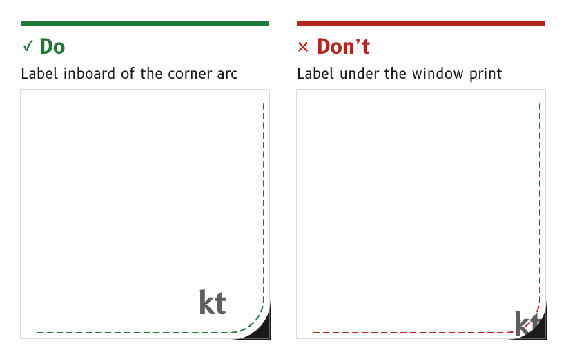 Do: a corner label moved inboard, clear of the rounded window. Don't: a corner label cut off by the window.