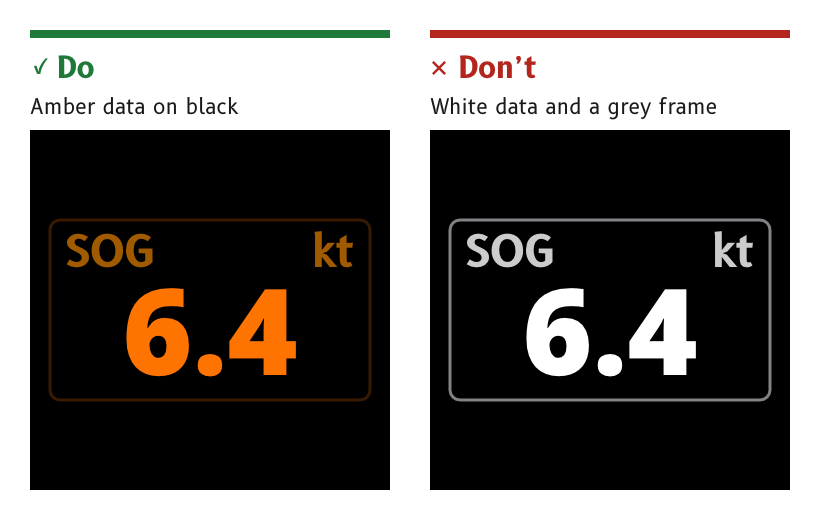 Do: amber data, dim labels and a dark frame on black. Don't: white data and a neutral grey frame at night.