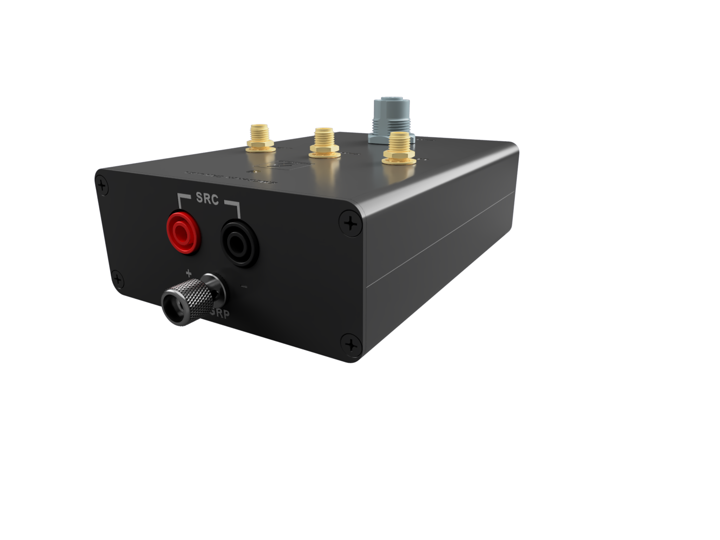 CANBench Duo enclosure — top extrusion view with three SMAs, M12 N2K, indicator window, and front-faceplate chassis-ground binding post