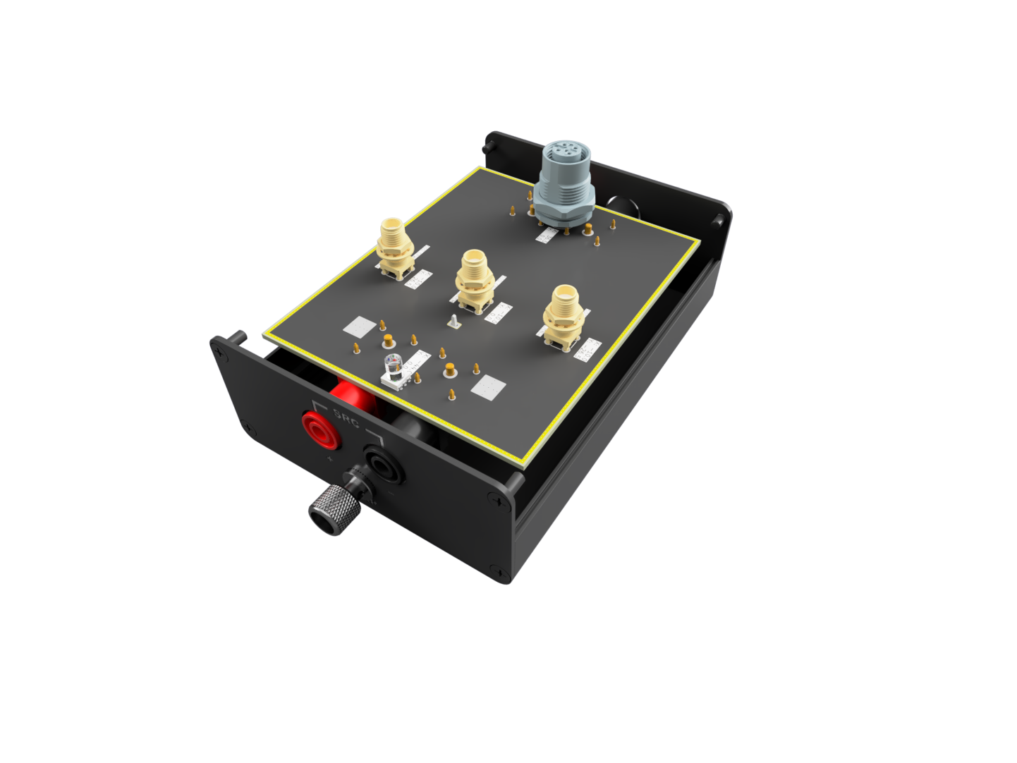 CANBench Duo enclosure — back faceplate showing DUT banana pair